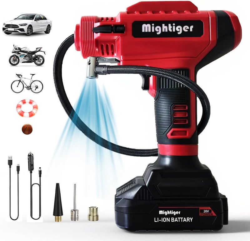 Mightiger Portable Tire Inflator 20V Cordless Handheld Car Drill Air Pump Mini Air Compressor DC 12V 150PSI with Rechargeable Battery, Auto Shut Off, LED, Digital Pressure Gauge for Cars Bikes - Image 1